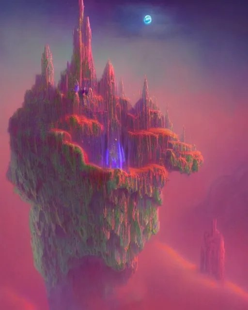 Image similar to a concept matte painting of a singular floating island castle, levitating across space in a misty pearlescent nebula by paul lehr kazumasa uchio situated in a starry expanse of bioluminescent cosmic worlds by beksinski and beeple, flying citadel with towers, trending on artstation