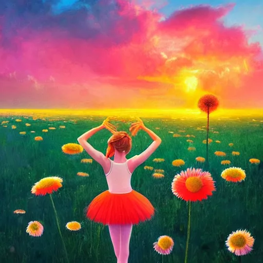 Image similar to giant daisy flower as head, girl ballet dancing in a flower field, surreal photography, sunrise, dramatic light, impressionist painting, colorful clouds, digital painting, artstation, simon stalenhag