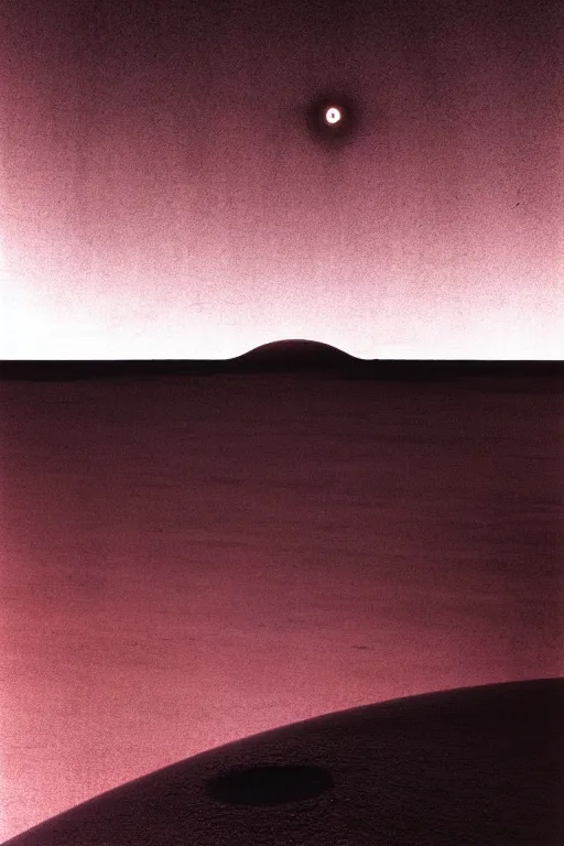 Prompt: emissary space by arthur haas and bruce pennington and john schoenherr, photo realism, cinematic matte painting, monochrome color palate, pink desert sunset,