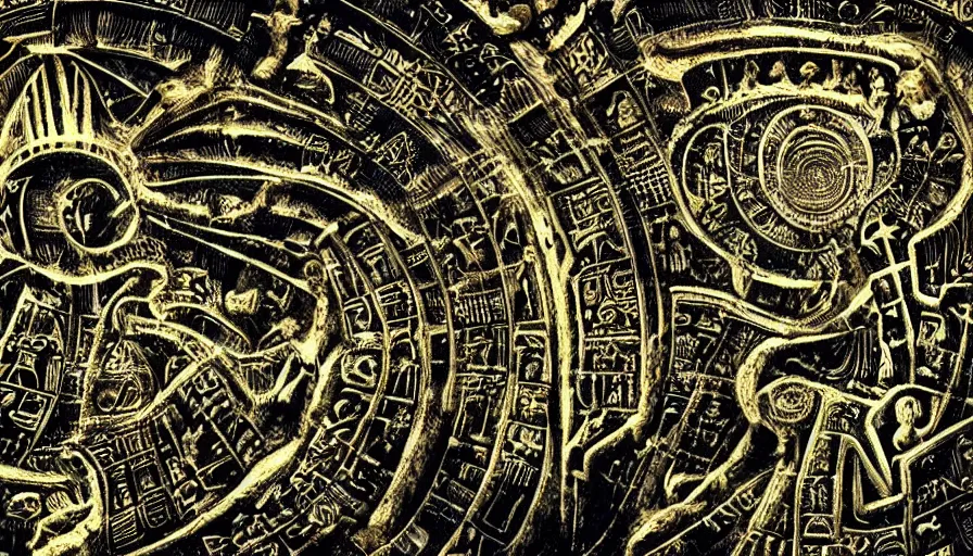 Prompt: h. r. giger hieroglyphs, hieroglyphs showing aliens and planet, sorrow intense likely, gold plate, sense of decay given, throw into the abyssal despair, various refining techniques, micro macro auto focus, top photography photo art gallery, realistic photo, insane detail