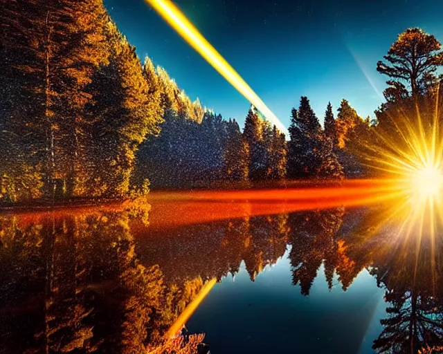 Prompt: canon, 300mm, bokeh, 16k serene beautiful landscape photography of a hypereal spaceship flying at incredible momentum through the sky at night. lake reflections in the foreground. sun rays shining through the trees. lens flare. moonlit, dramatic lighting by Marc Adamus on mushrooms.