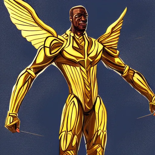 Image similar to A tall and muscular African man with a golden angel wearing nanosuit from Crysis the game in capital hill. illustration concept art in the style of Arthur Adams