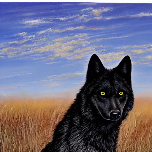 Image similar to black wolf in an australian desert, painting