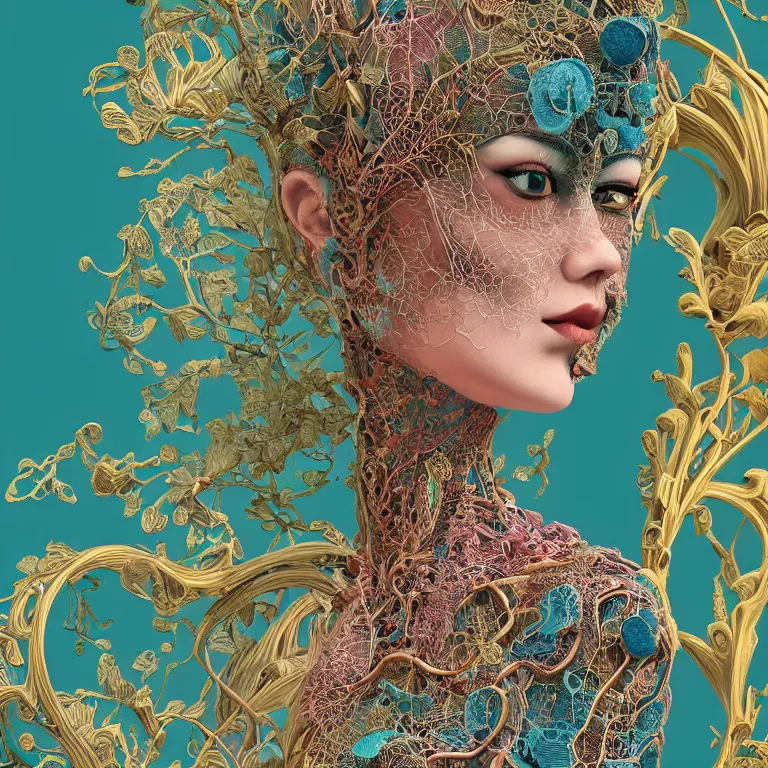 Prompt: cinema 4d colorful render, organic, ultra detailed, of a painted realistic porcelain doll, translucid. biomechanical cyborg, analog, macro lens, beautiful natural soft rim light, big leaves, winged insects and stems, roots, fine foliage lace, turquoise gold details, Alexander Mcqueen high fashion haute couture, art nouveau fashion embroidered, intricate details, mesh wire, mandelbrot fractal, anatomical, facial muscles, cable wires, elegant, hyper realistic, in front of dark flower pattern wallpaper, ultra detailed, 8k post-production