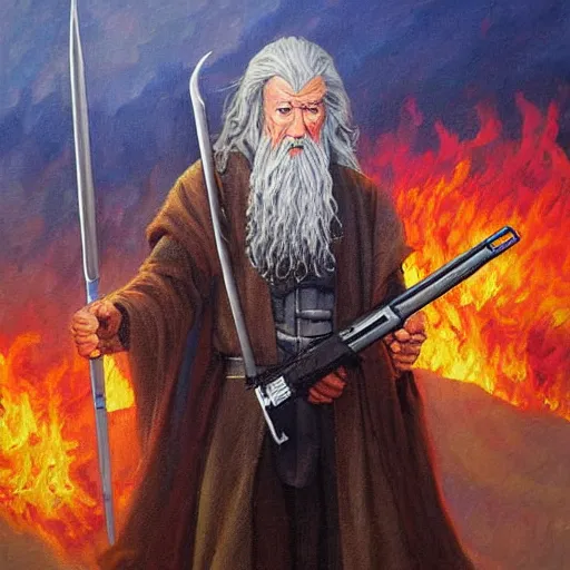 Image similar to gandalf with an ar-15, oil painting, war photo, anger, fire, dramatic, very detailed, 4k, by Jeffrey Smith and Erin Hanson and Chad Knight