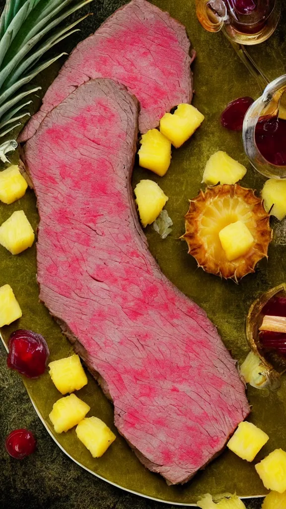 Image similar to 6 0 s food photography of a slab of roast beef, covered in jelly and pineapples, tropical vibes, on a velvet table cloth, soft focus