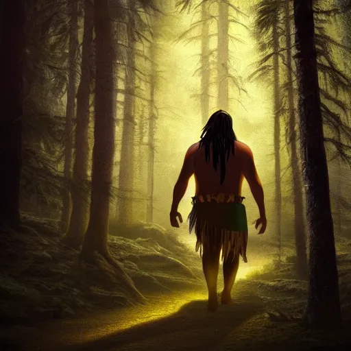 Image similar to medium shot native american man, in a dark forest, mysterious, backlit, still from a pixar dreamworks movie, trending on artstation
