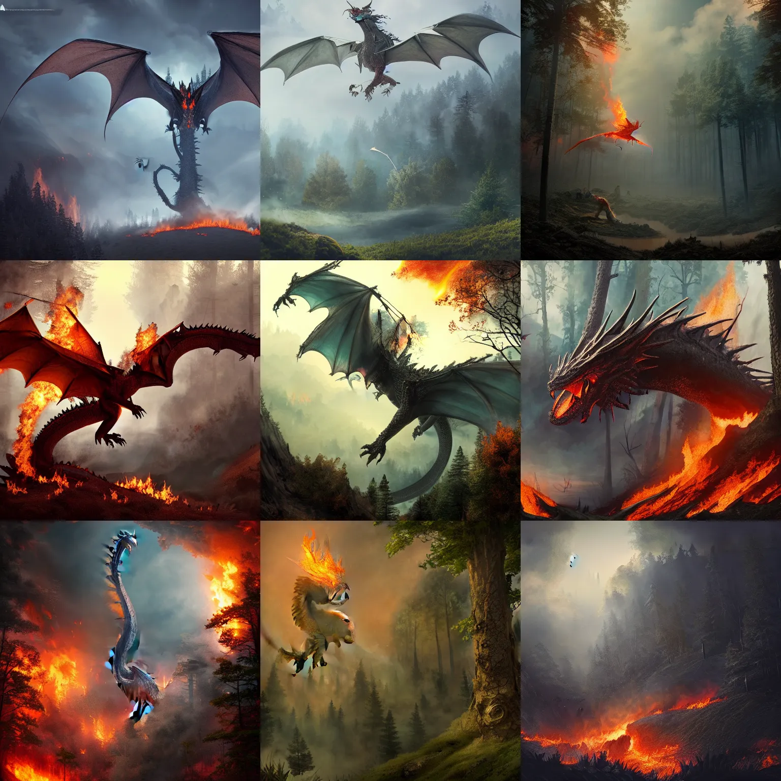 Prompt: A fire-breathing dragon flying above a forest and burning the trees, matte painting with lots of fine detail, cinematic, dramatic, trending on artstation