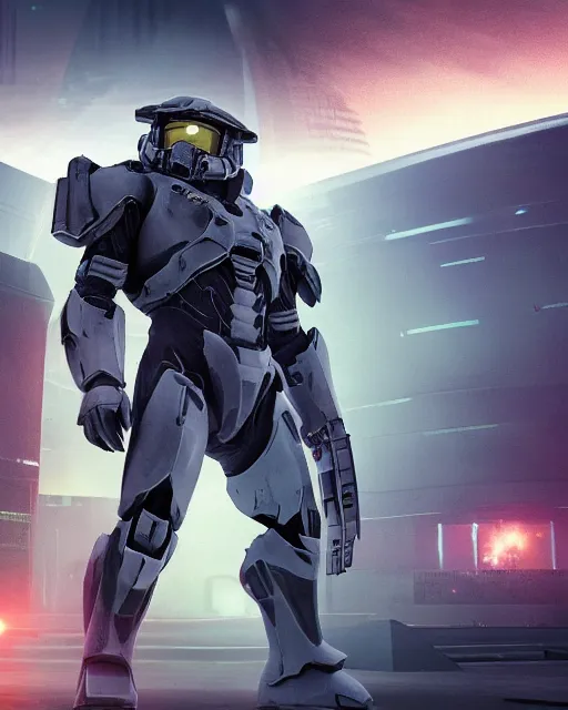 Image similar to off angle beautiful full body shot film still of master chief at night in science fiction city hard surface modeling unreal redshift