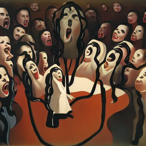 Prompt: a white woman shouting into a megaphone, a room full of women of colour, surrealist, by dali