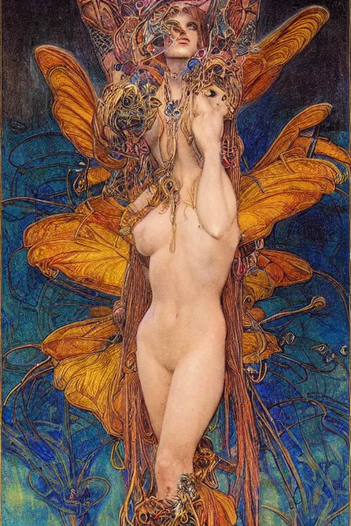 Image similar to gutterpunk goddess , by Annie Swynnerton and jean delville and Gaston Bussière and Tino Rodriguez, black leather and embroidered velvet, iridescent beetles, rich color, dramatic cinematic lighting, extremely detailed