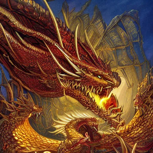 Image similar to Smaug the golden fire dragon hoarding his gold and shiny gems by Mark Brooks, Donato Giancola, Victor Nizovtsev, Scarlett Hooft, Graafland, Chris Moore