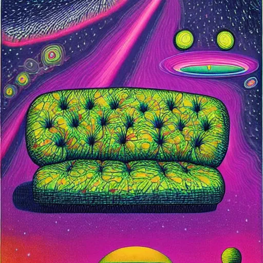 Prompt: psychedelic trippy couch pine forest, planets, milky way, sofa, cartoon by rob gonsalves