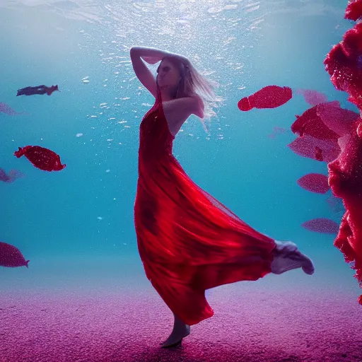 Prompt: woman dancing underwater wearing a flowing red dress made of seaweed, swirling smoke and thousands of silver fish in the background, octane render, caustics lighting from sunlight above, cinematic