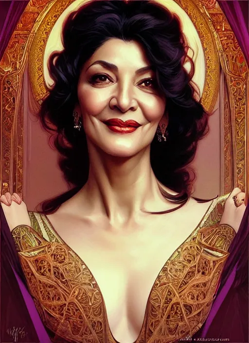 Image similar to “ shohreh aghdashloo as femme fatale smiling and winking, intricate, elegant, highly detailed, digital painting, artstation, concept art, smooth, sharp focus uhd 8 k, art by artgerm and greg rutkowski and alphonse mucha ”