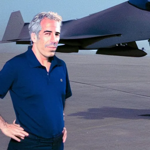 Prompt: aesthetic illustration of jeffrey epstein, wearing a dark blue polo shirt, standing near fighter jet on an empty runway at dusk, high detail, volumetric lights, pinterest wallpaper