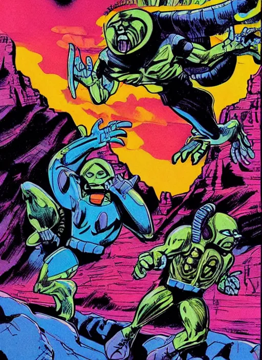 Image similar to comic book drawing of aliens at the grand canyon by jack kirby!!! and gris grimly, cinematic, epic, awesome bright color palette, hard contrast, black ink outlines