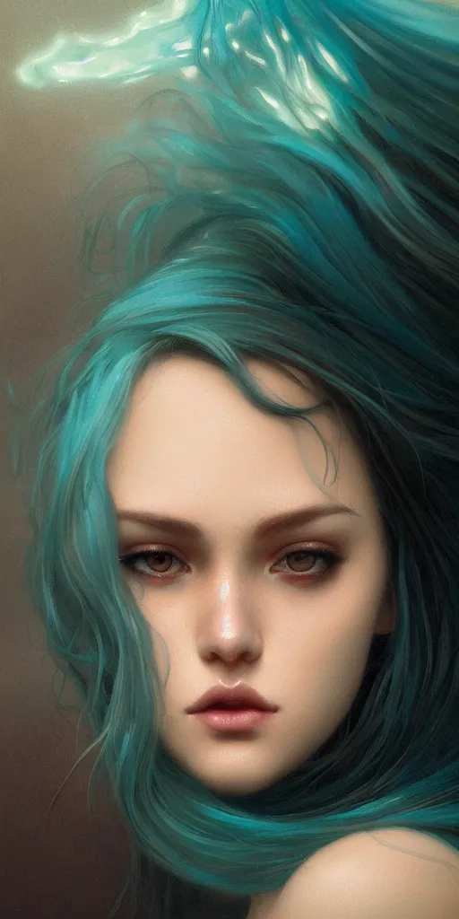 Image similar to haunting beautiful young woman, detailed photo realistic gorgeous face turning waves, dark, ominous, sad eyes, glowing hue of teal, vaporwave aesthetic, synthwave , digital painting, artstation, concept art, smooth, sharp focus, illustration, art by artgerm and greg rutkowski and alphonse mucha