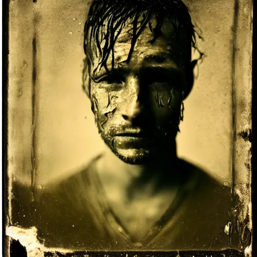 Image similar to A wet-collodion portrait of a man who comes back from a horrific war, he stares into the distance as his eyes show glimmers of hope, depth of field, 50mm lens, studio lighting, high contrast