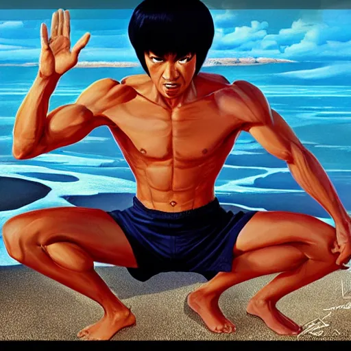 Image similar to bruce lee in lotus position on a beach background, behance hd by jesper ejsing, by rhads, makoto shinkai and lois van baarle, ilya kuvshinov, rossdraws global illumination radiating a glowing aura global illumination ray tracing hdr render in unreal engine 5