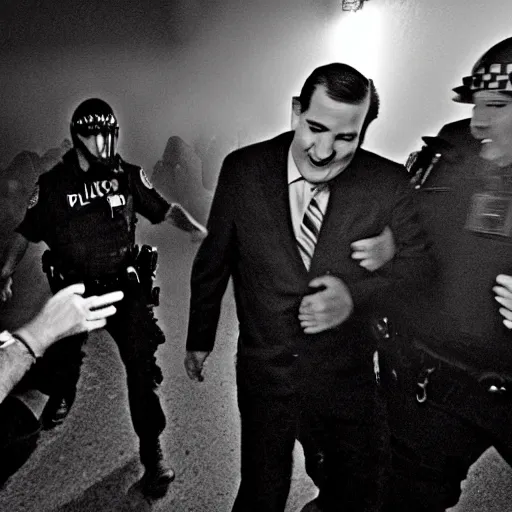 Image similar to Ted Cruz with a wide grin being chased down by multiple police officers, black and white, creepy lighting, foggy atmosphere, scary, horror, ornate, eerie, fear