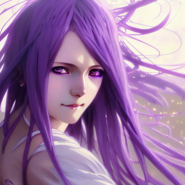 Image similar to anime girl with flowing lavender hair, purple eyes and white dress, black jewellery, digital artwork, very beautiful face, pretty smile, extremely detailed art by greg rutkowski and alphonse mucha