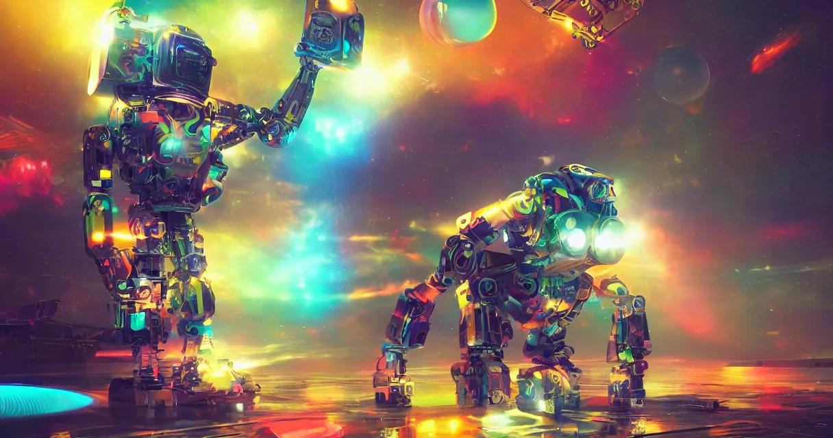 Image similar to vivid colors, spectrum, robot, drama, high quality, vray, cg, crazy, space