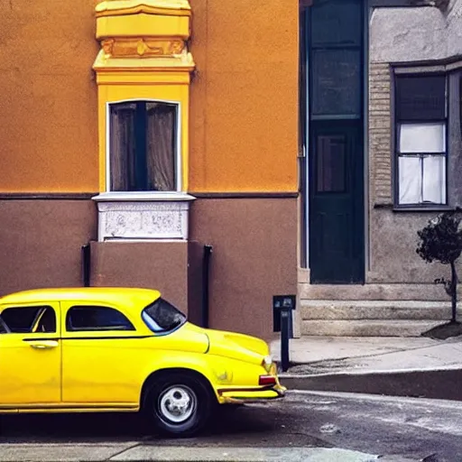 Image similar to a picture of a yellow-car parked next to a red-hydrant with a woman in a yellow-dress sitting on the hood, BEUTIFUL!, surreal, in style of Edward Hopper