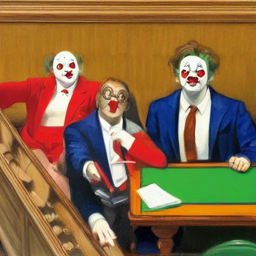 Image similar to a highly detailed fine art painting of british member of parliament in the house of commons wearing clown costumes. in the style of edward hopper, richard hamilton.