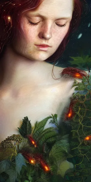 Image similar to amazed and serene young woman, surrounded by firefly lights, full covering intricate detailed dress, amidst nature, long red hair, precise linework, accurate green eyes, small nose with freckles, beautiful smooth oval shape face, empathic, expressive emotions, dramatic lights, hyper realistic ultrafine art by artemisia gentileschi, jessica rossier, boris vallejo