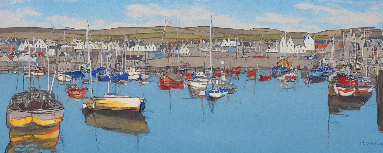 Prompt: a painting of the harbour at Stromness orkney, color potato print