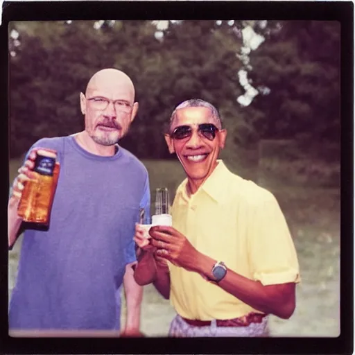 Image similar to Obama and Walter White sharing a beer at the family bbq, Polaroid image