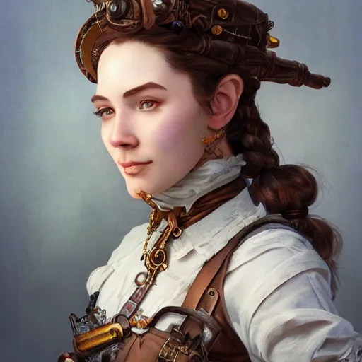 Image similar to Three quarters portrait of a female steampunk dwarf, highly detailed, digital painting, art by Stanley Lau and Artgerm and magali villeneuve and Alphonse Mucha, artstation, octane render, cgsociety