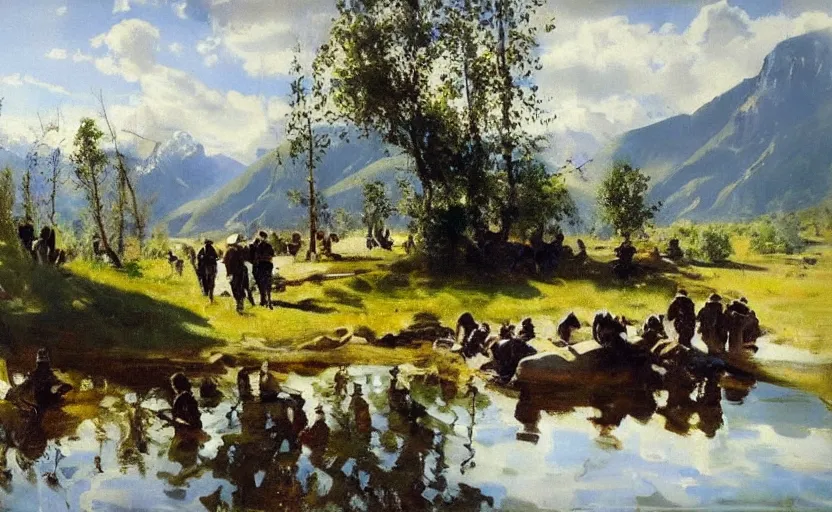 Prompt: oil painting lanscape by anders zorn, nature, fruit trees, very very very very beautiful art, dramatic light, water reflections, tall rocky mountains, police making arrests, detaining people, cop cars, sirens