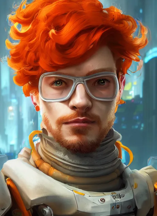 Prompt: cyberpunk portrait of curly orange hair man from overwatch 2, au naturel, hyper detailed, digital art, trending in artstation, cinematic lighting, studio quality, smooth render, unreal engine 5 rendered, octane rendered, art style by klimt and nixeu and ian sprigger and wlop and krenz cushart.