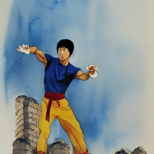 Prompt: watercolor painting, bruce lee stands on the great wall with his nunchakus, showing strong muscles, sharp eyes, and posing in a classic pose by wu jinyuan, the maple leaves outside the great wall are gorgeous, detailed, handsome