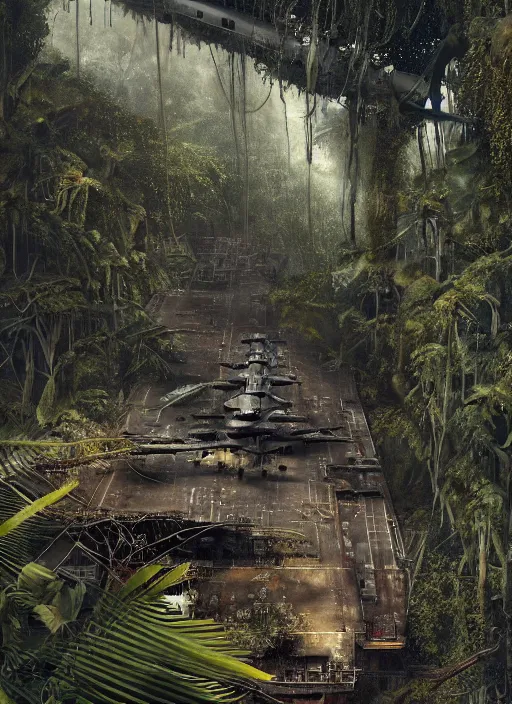 Image similar to decayed aircraft carrier USS Nimitz laying on the ground of a tropical forest, overgrown with vegetation, rust, hanging vines, post appocalyptic, by Luis Royo, by Greg Rutkowski, dark, gritty, intricate, cover illustration, concept art, volumetric lighting, volumetric atmosphere, sharp focus, octane render, trending on artstation, 8k