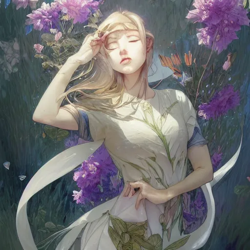 Image similar to a portrait of a spirit fox looking up as flower petals flow gently as a breeze blows them from left to right on a cloudy day with blue skies, art by artgerm and greg rutkowski and magali villeneuve and alphonse mucha and rossdraws and makoto shinkai, d & d, fantasy, highly detailed, digital painting, trending on artstation
