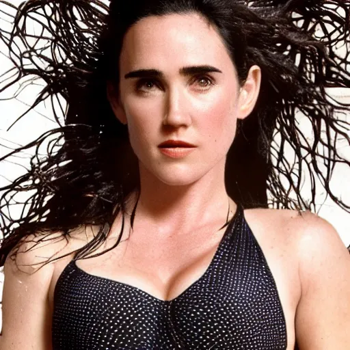 Image similar to Portrait Photography, medium closeup of young jennifer connelly poses in 2 Piece Mini Micro Push Up Swimsuits at summer beach, confident pose, fierce expression, intricate details, detailed face, detailed illustration, impressive lighting, symmetrical features, ultra detailed, 12 megapixels