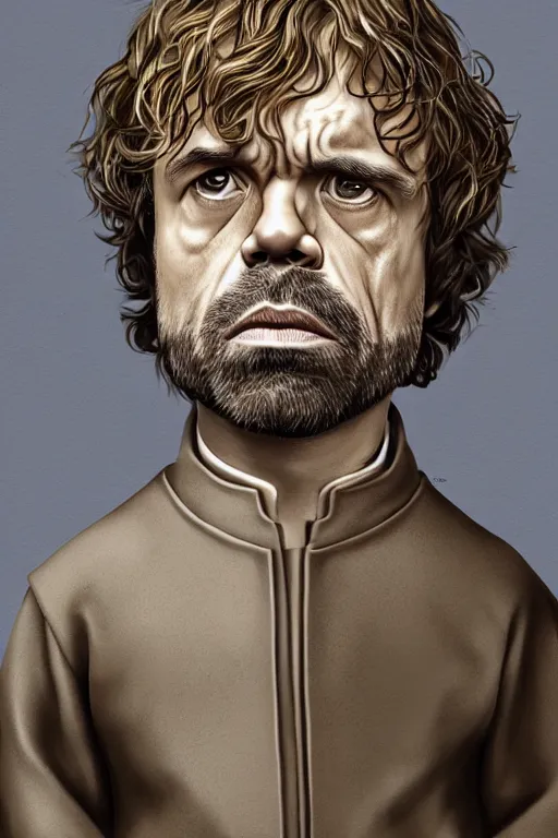 Image similar to cinematic portrait of Tyrion Lannister. Centered, uncut, unzoom, symmetry. character illustration. Surreal render, ultra realistic, zenith view. Polished. Inspired by patricio clarey, heidi taillefer scifi painter glenn brown. Extremely ornated. artstation, cgsociety, unreal engine, ray tracing, detailed illustration, hd, 4k, digital art, overdetailed art. Dslr, tiltshift, dof. 64megapixel. complementing colors. Trending on artstation, deviantart,
