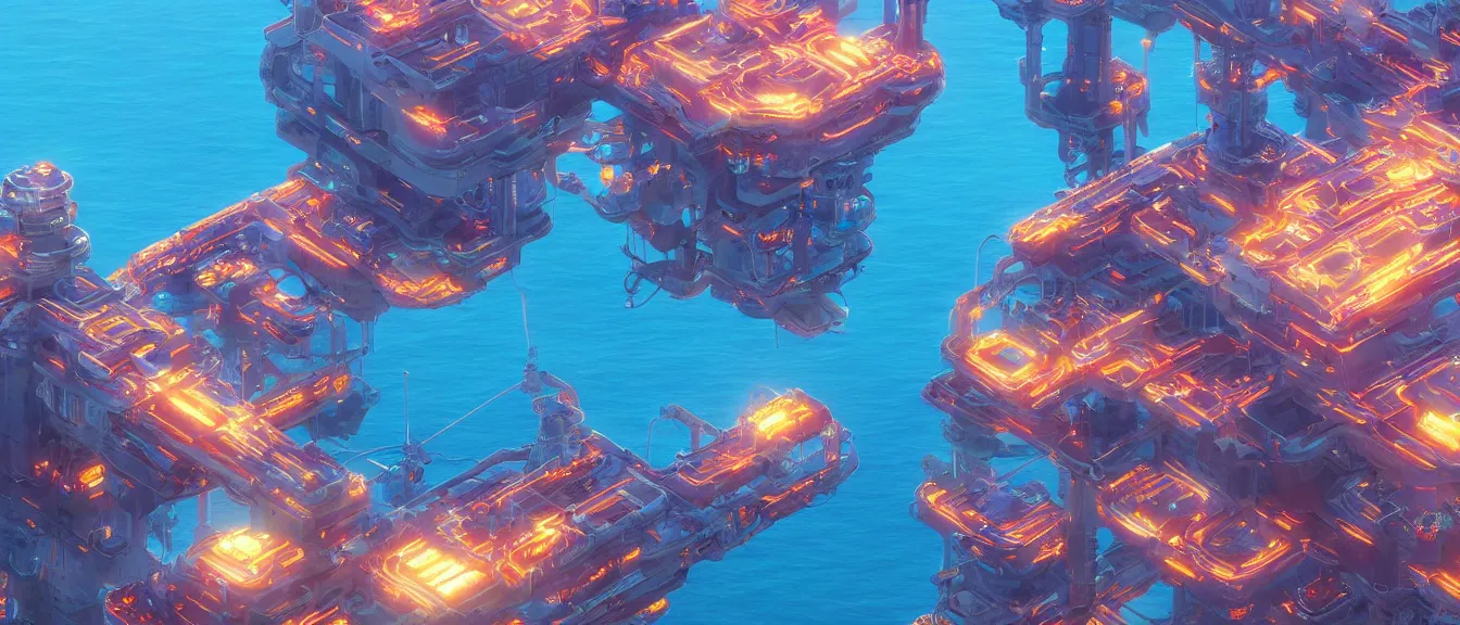 Image similar to futuristic oil platform on a colorful ocean, unreal engine, fantasy art by greg, loish, rhads, ferdinand knab, makoto shinkai, lois van baarle, ilya kuvshinov, rossdraws, tom bagshaw, global illumination, radiant light, highly detailed intricate environment, isometric, onstudio ghibli, octane render, 8 k