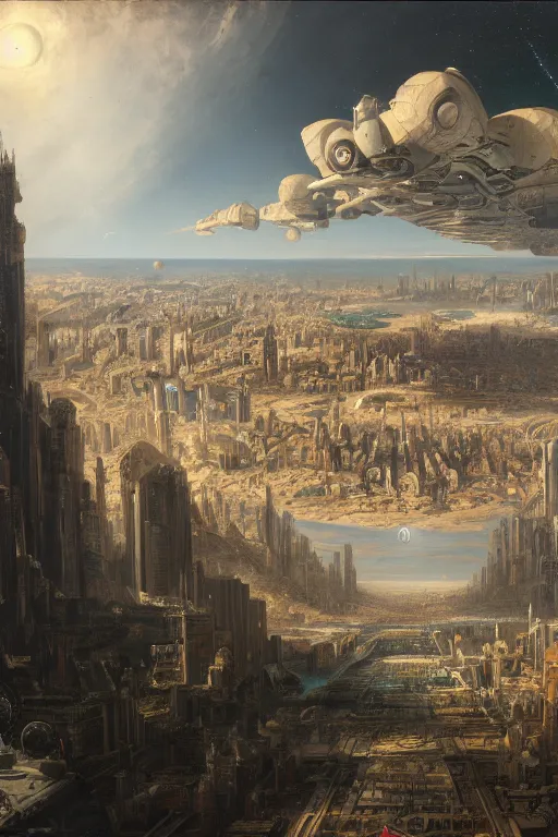 Image similar to a vast planetary sci-fi city by Ansel Adams and Bernardo Bellotto, oil on canvas, artstation, dramatic scenery, masterpiece, aesthetic