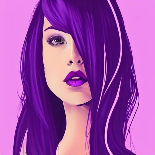 Image similar to a stunning upper body portrait of a beautiful woman with ombre hairstyle in purple and pink blowing in the wind by marvel comics, digital art, trending on artstation