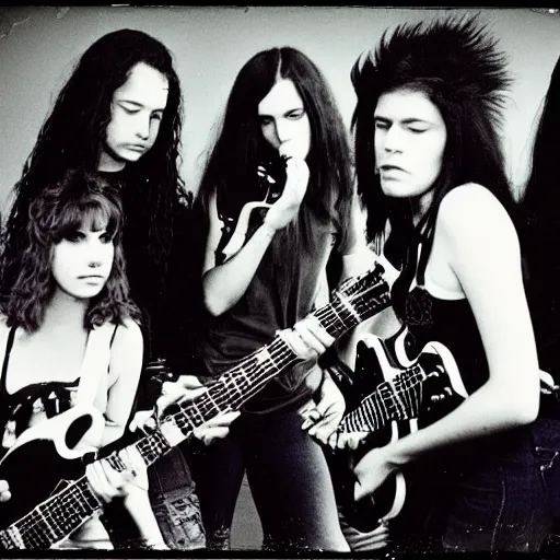 Image similar to Group of 19-year-old women holding electric guitars, long shaggy hair, stoner rock, punk rock, grunge rock, alternative rock, noise rock, Subpop, grunge, band promo photo, 1991 photograph