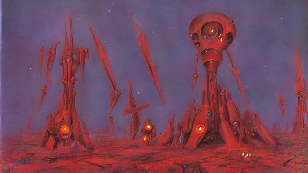 Image similar to mysterious whimsical sculpture of alien technology by paul lehr and john schoenherr and john harris, cinematic matte painting