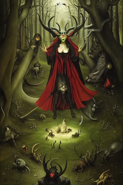 Image similar to satanic witch in the evil forest, fantasy, 8 k resolution, hyper detailed, character design, digital painting, sharp focus, illustration, art by hieronymus bosch