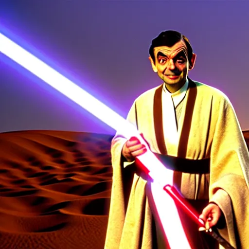 Image similar to mr. bean as obi wan kenobi from star wars. movie still. cinematic lighting.