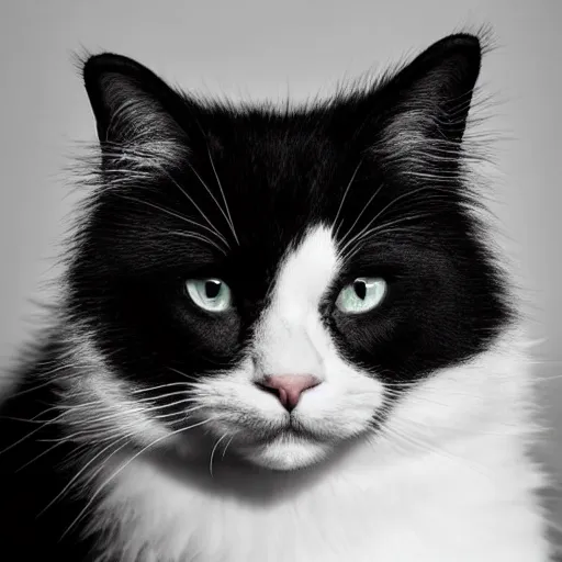 Prompt: fluffy black and white cat portrait, white cheeks, aesthetic highly detailed soft fur and paws, professionally shot photorealistic 8k photograph, 35mm Canon EOS R3, rendered in octane, by Natalie Große and Jason Allison