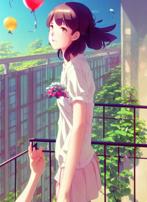 Prompt: girl stand on the a balcony where plants and flowers all around, she is watching a lot of balloons flying over, illustration concept art anime key visual trending pixiv fanbox by wlop and greg rutkowski and makoto shinkai and studio ghibli