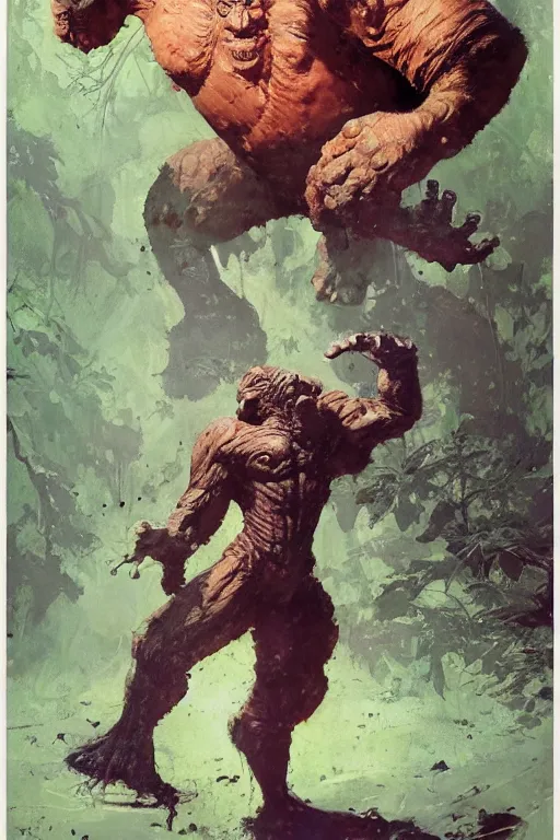 Image similar to full body portrait of huge slimy hairless bipedal ogre, by norman rockwell, jack kirby, jon berkey, earle bergey, craig mullins, ruan jia, jeremy mann, tom lovell, marvel, astounding stories, 5 0 s pulp illustration, scifi, fantasy, artstation creature concept